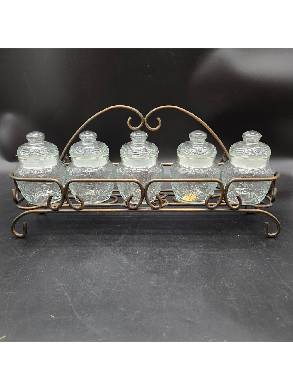 Vintage Princess House Fantasia Glass Spice Jar Set with Metal Scroll Rack